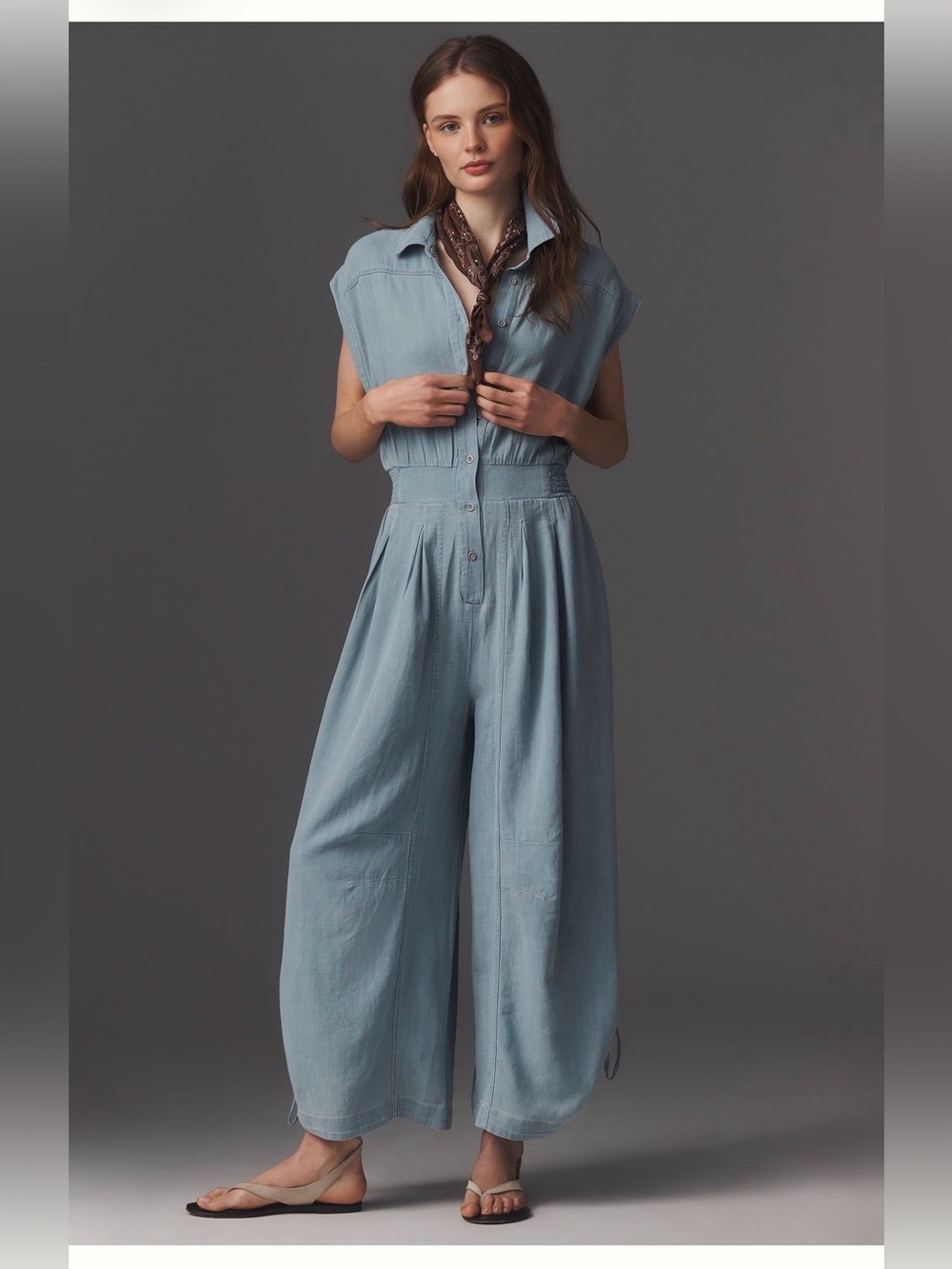 Like New Anthropologie Light Blue Cotton Wide-Leg Jumpsuit Size M